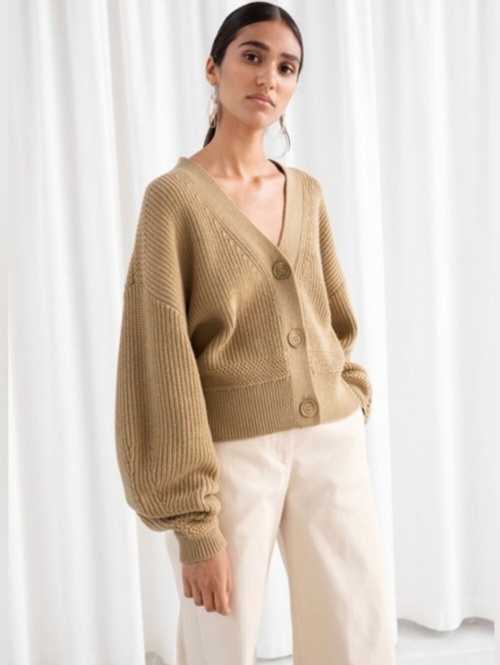 & Other Stories Fisherman Slouchy Camel Tan Oversized Cardigan S Ribbed